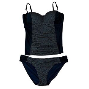 Jantzen Womens Sz-14 Black White Polka Dot Ruched Tankini Swimsuit Set Two-Piece